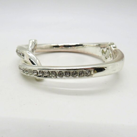 Foldover Bracelet Silver Tone Rhinestone Knot Bangle Hinged Closure - Picture 10 of 13